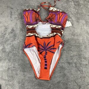 Commence Bathing Suit 1 Piece Womens Medium Orange Tropical Theme NWT